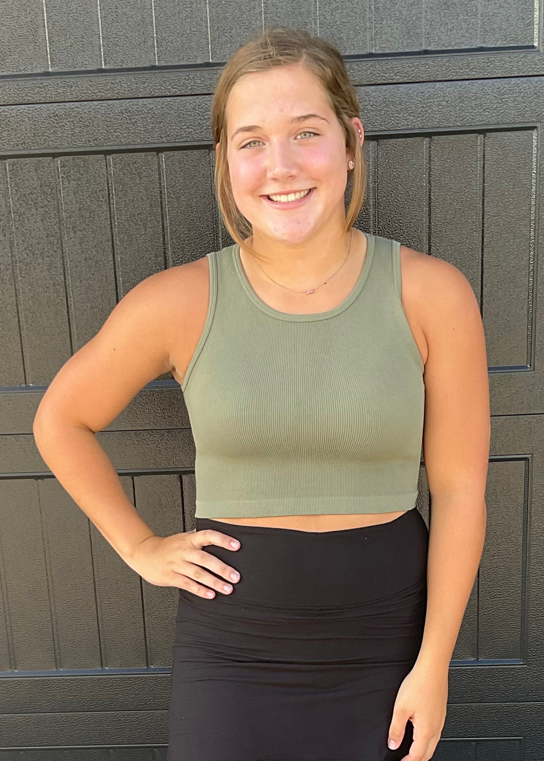 Olive High-neck Ribbed Crop Tank