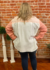 Coral Color Block Collar Button Up Shirt