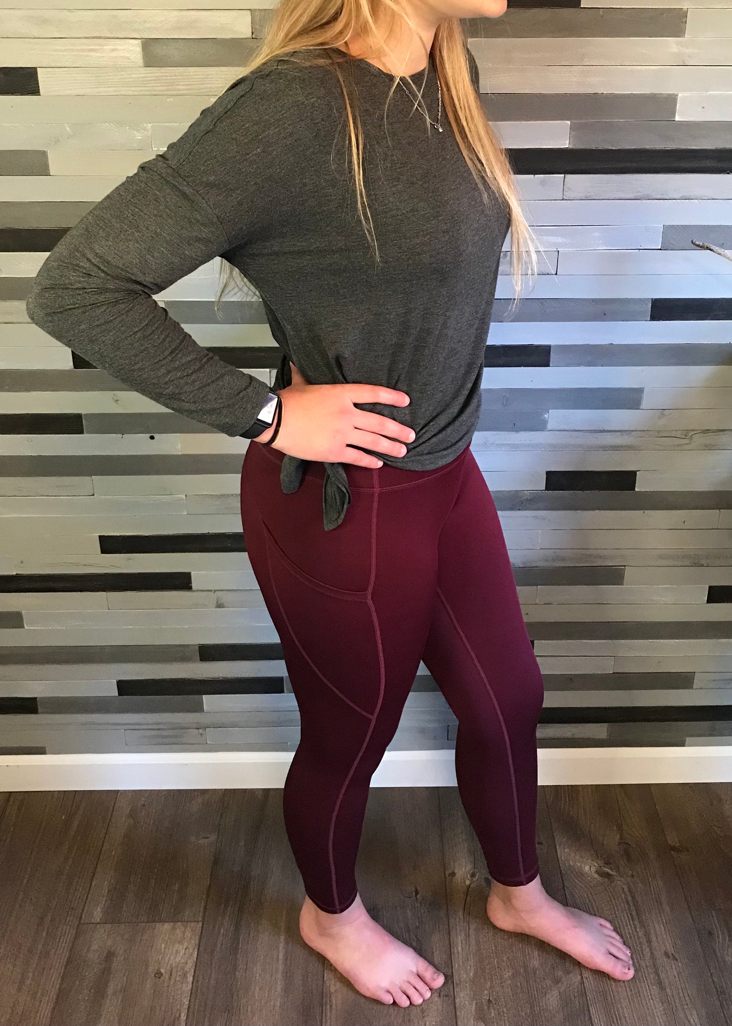 Plus Size Burgundy High-Waist Tech Pocket Leggings