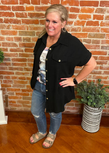 Black Rib Knit Button Down PLUS