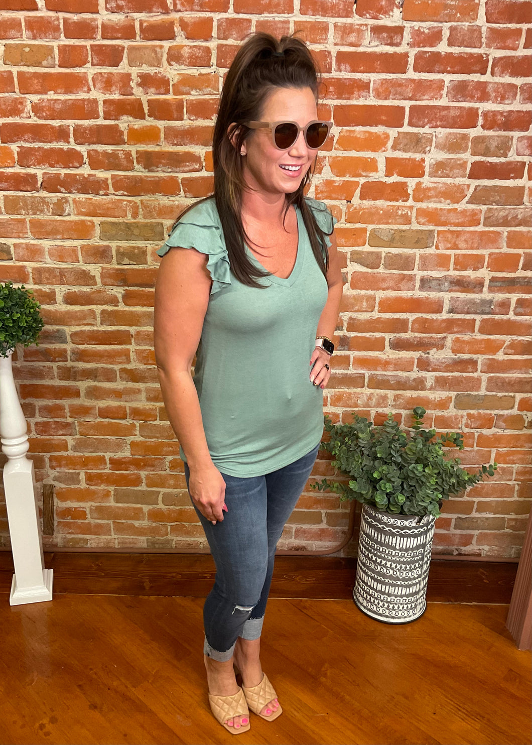 Double Flutter V-Neck Top