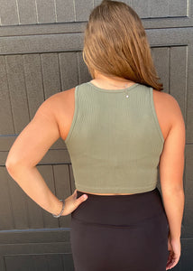 Olive High-neck Ribbed Crop Tank