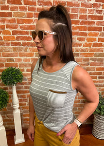 Grey & White Stripe Sleeveless Top