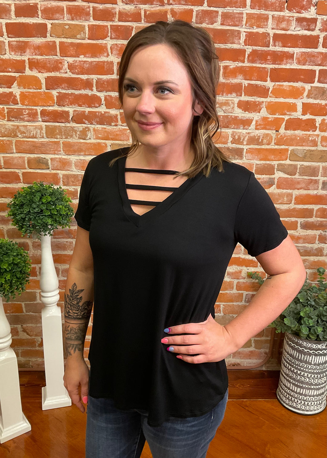 Black Strappy V-Neck Top