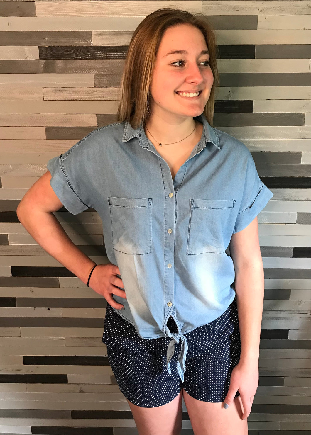 Chambray Button-Up Top with Front Tie