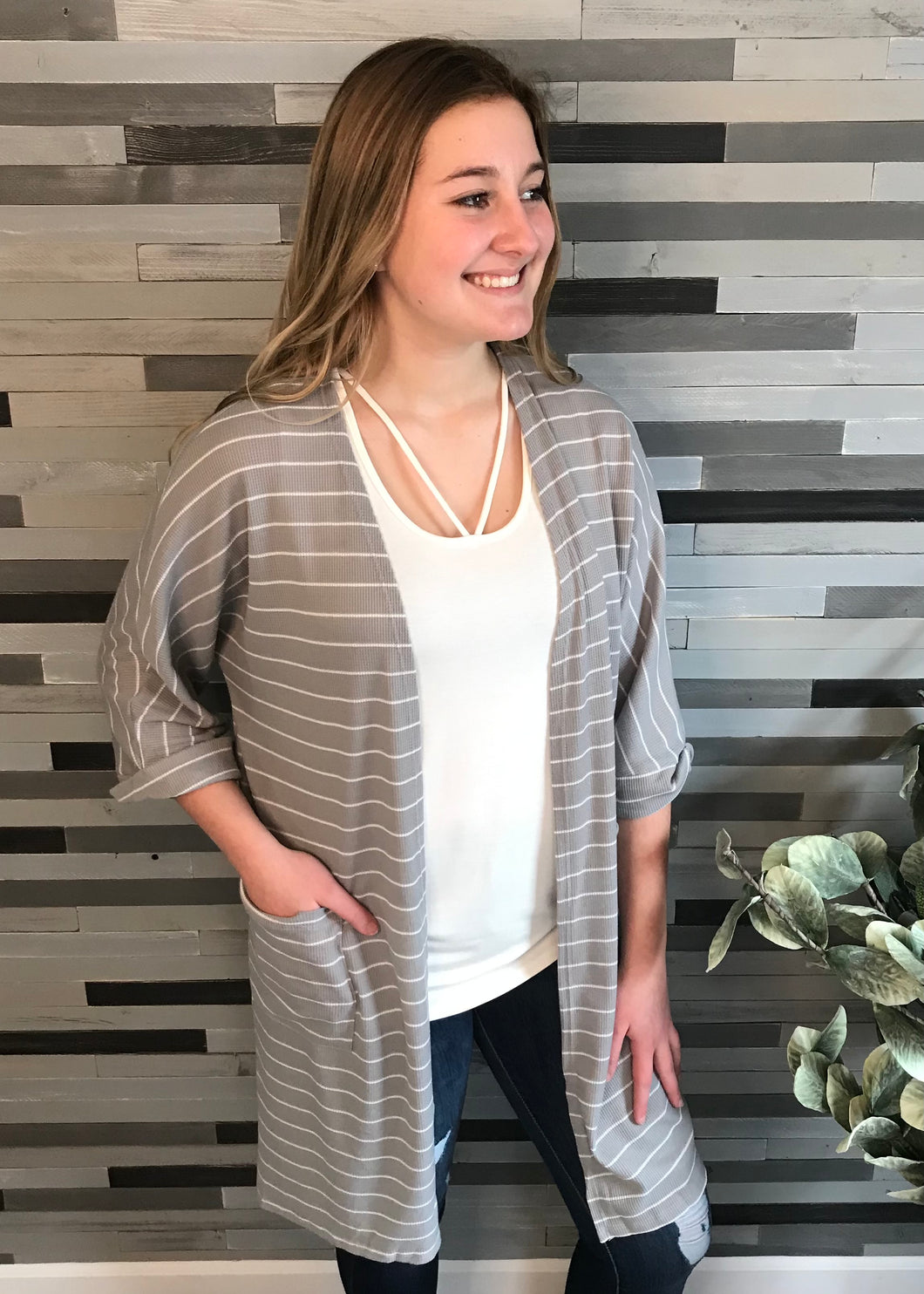 Grey Thermal Striped Cardigan