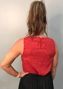 Red Printed Lace Inset Sleeveless Blouse