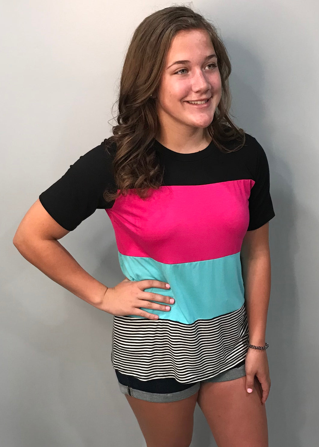Fuchsia, Mint, & Black Color Block Top