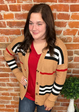 Camel Cardigan with Black, White and Red Strips