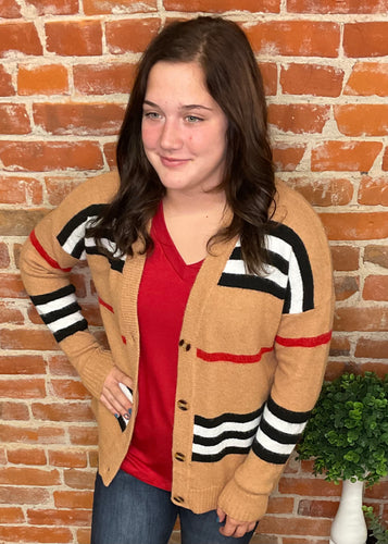 Camel Cardigan with Black, White and Red Strips