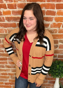 Camel Cardigan with Black, White and Red Strips