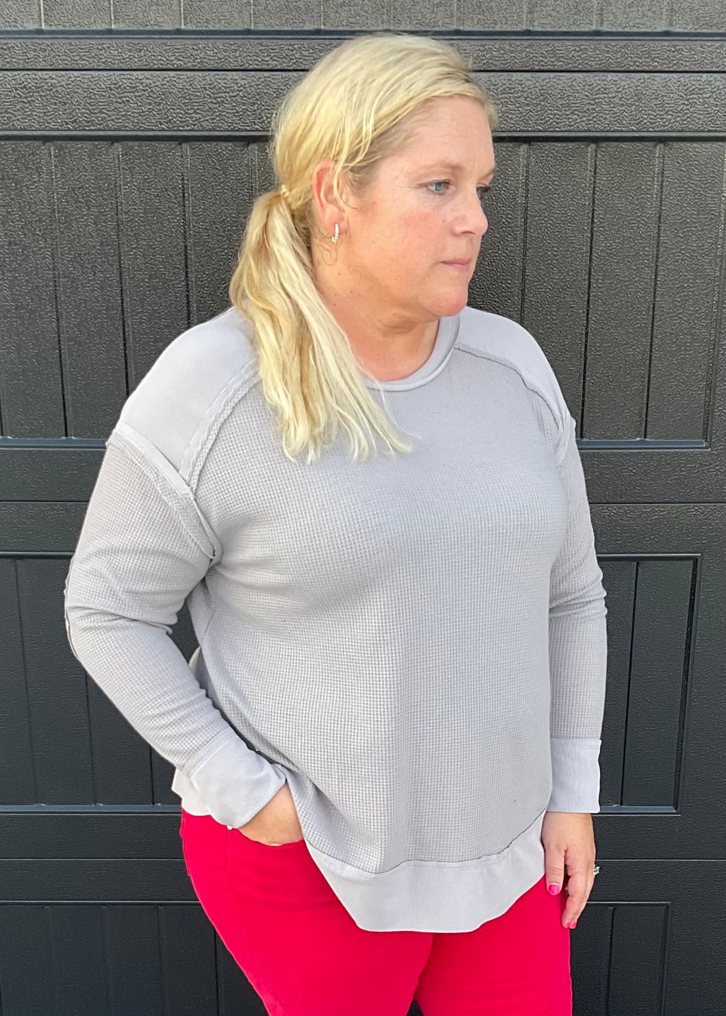 Grey Thermal Long Sleeve Hem Top PLUS
