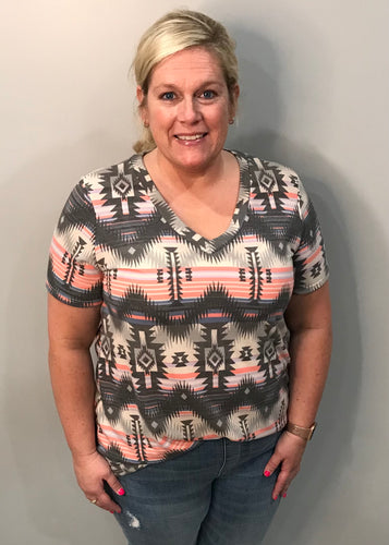 Grey, Coral, & Blue Aztec Tee Plus Sizes