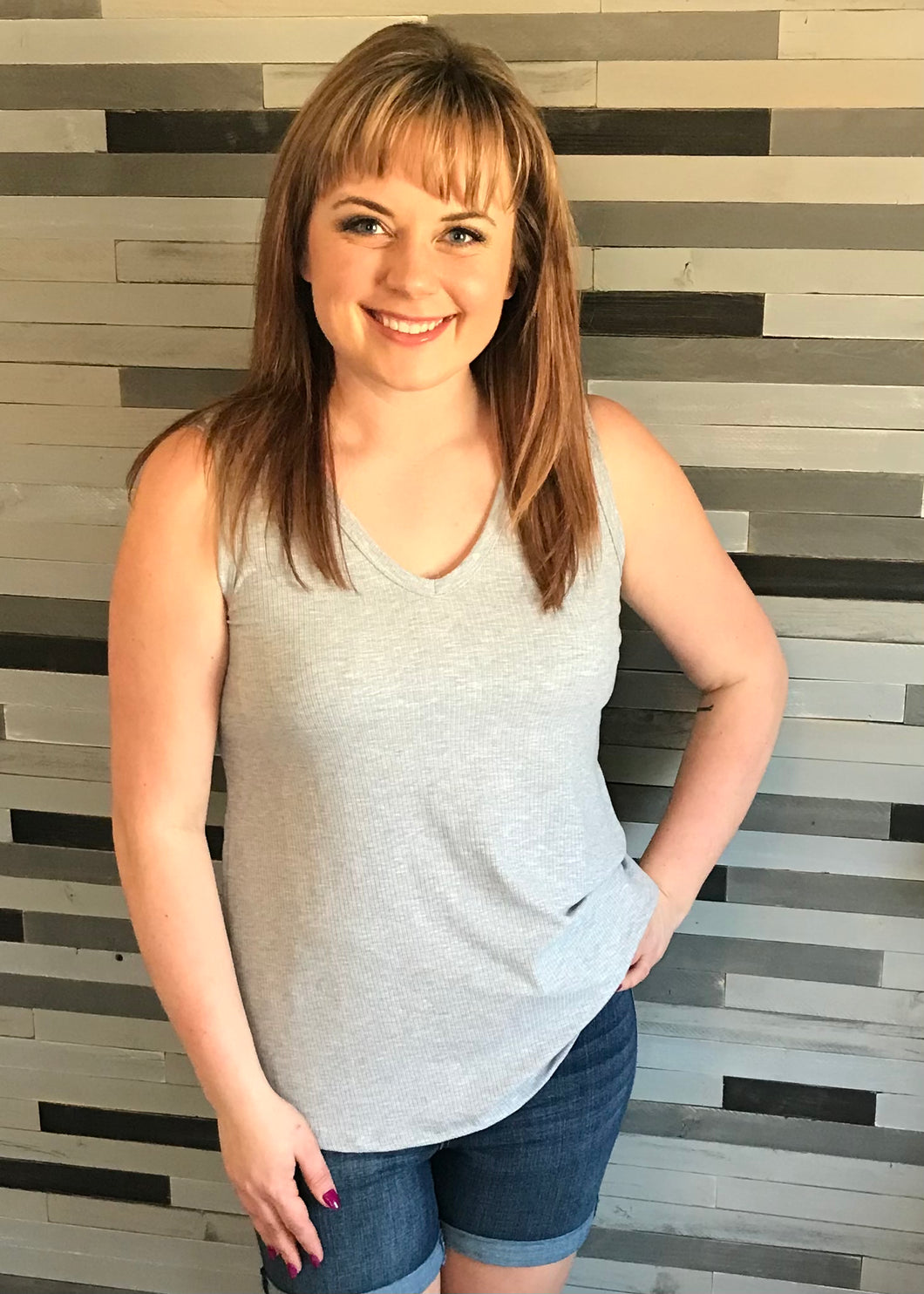 Grey Ribbed V-neck Tank