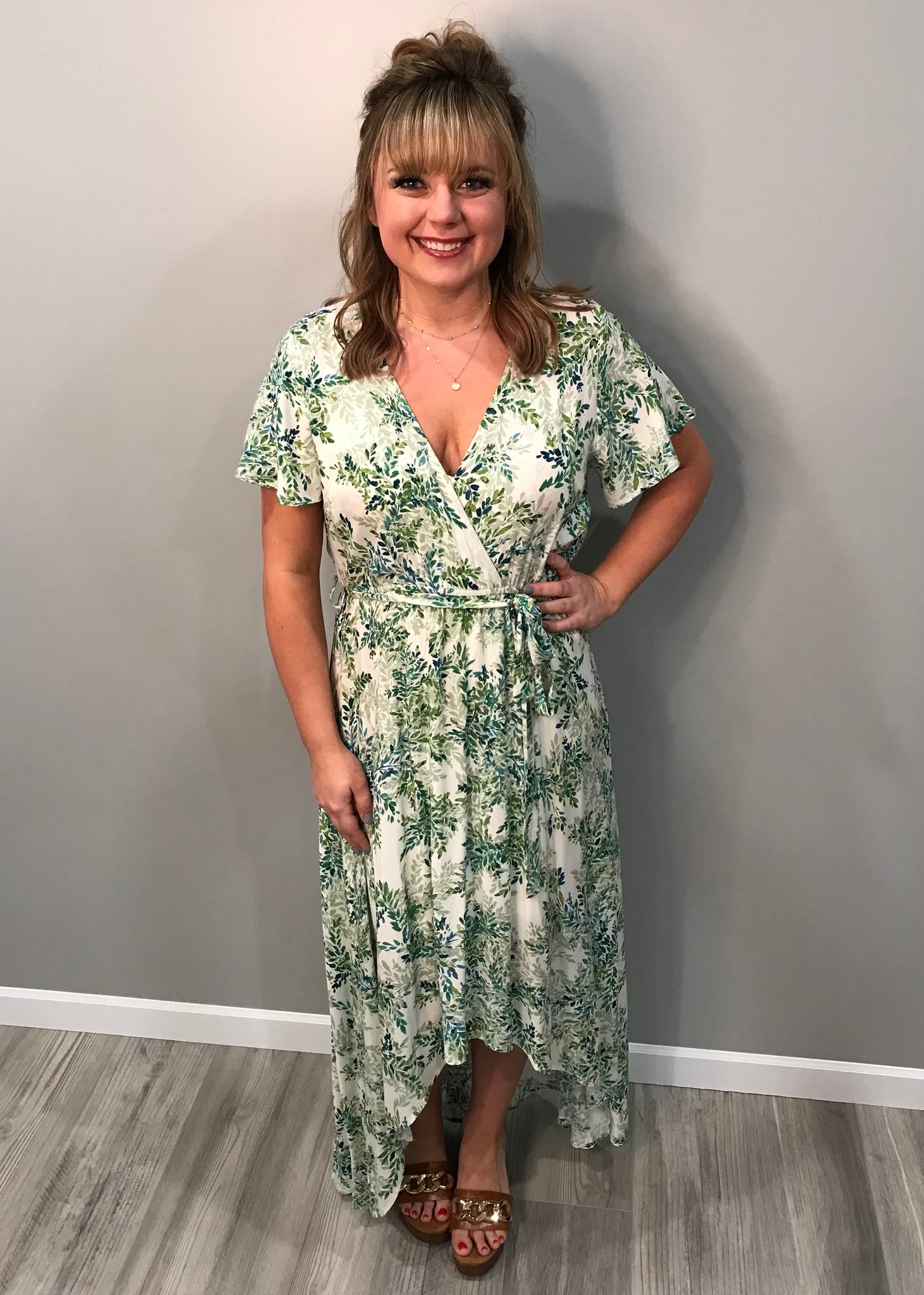 Green Floral Faux Wrap Dress
