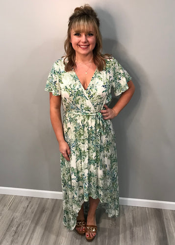 Green Floral Faux Wrap Dress