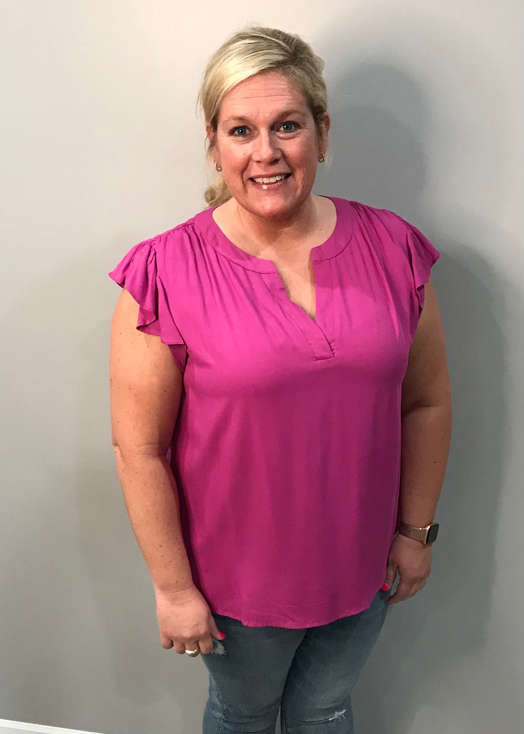 Plum Flutter Sleeve Blouse Plus Sizes