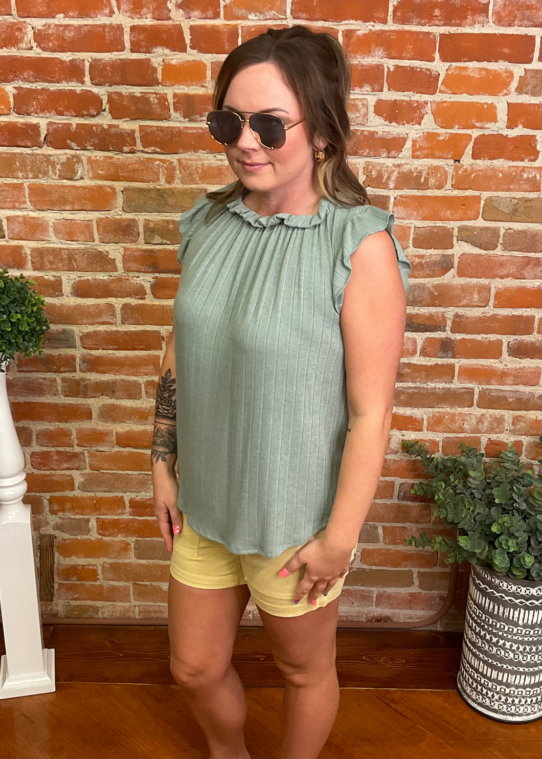 Vintage Sage Ruffled Short Sleeve Top