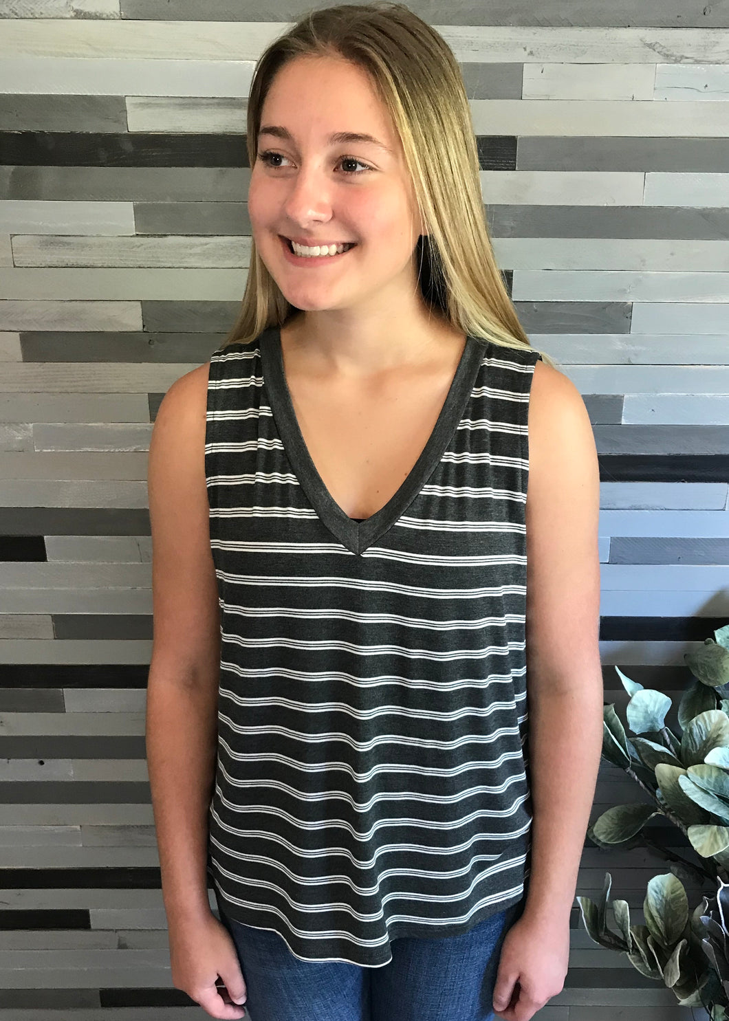 Grey & White V-Neck Tank