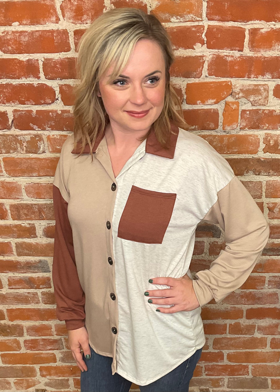 Oatmeal & Rust Long-sleeved Button Up