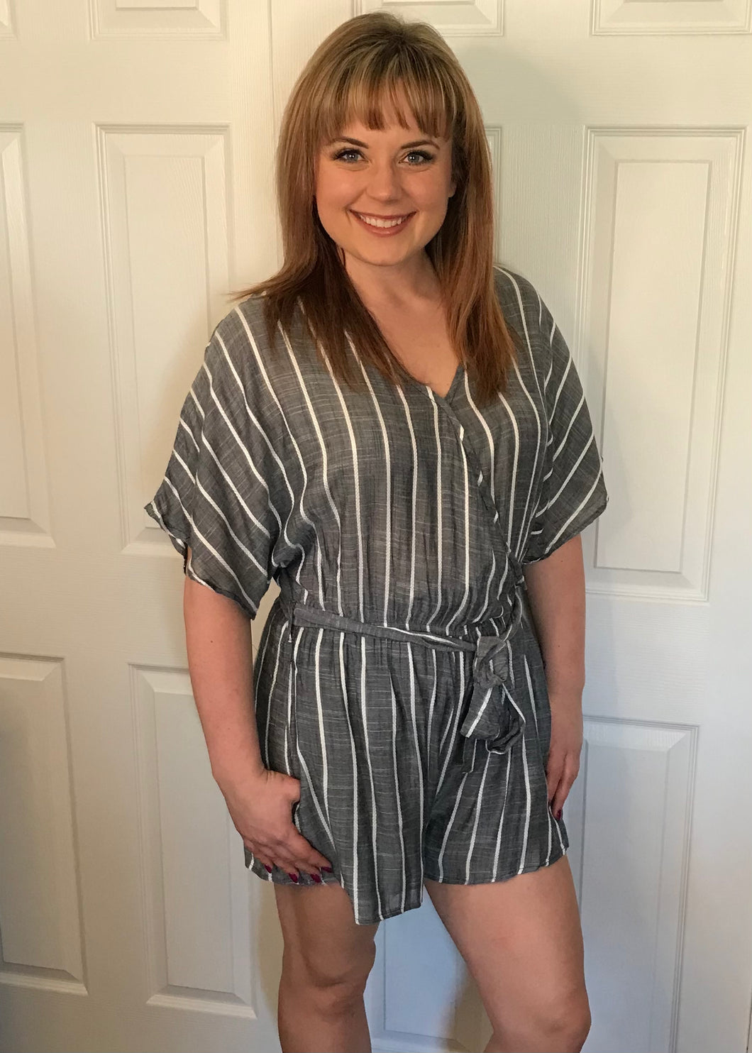 Grey & White Striped Romper